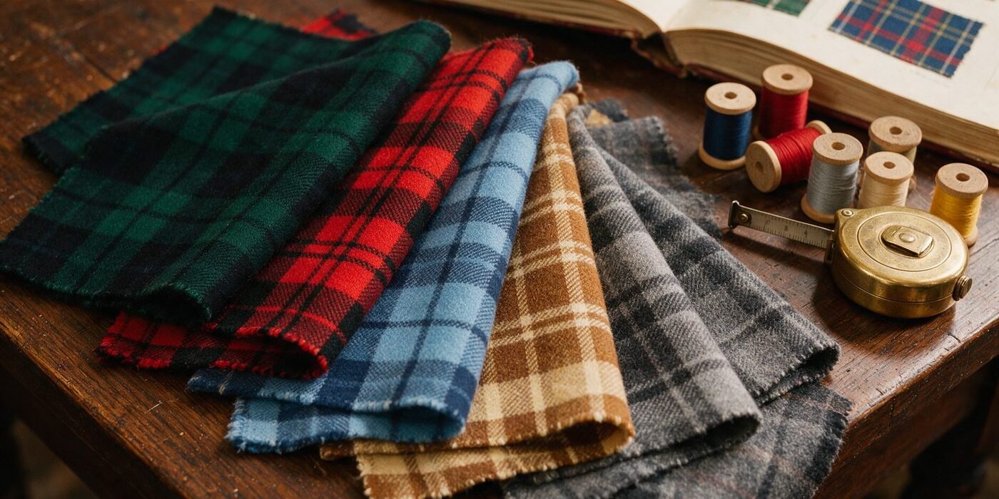 Tartan swatches on the workbench