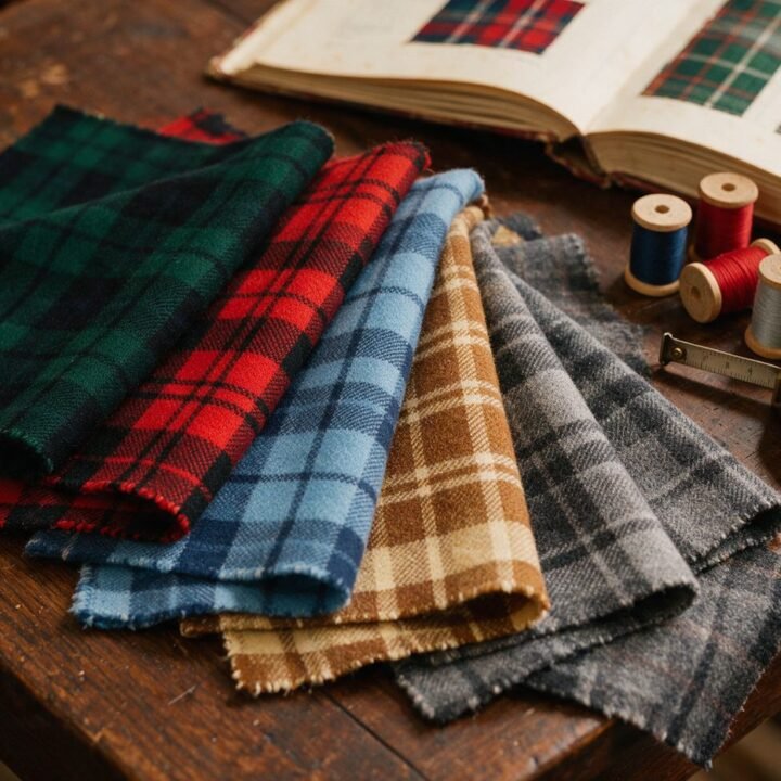 Tartan swatches on the workbench